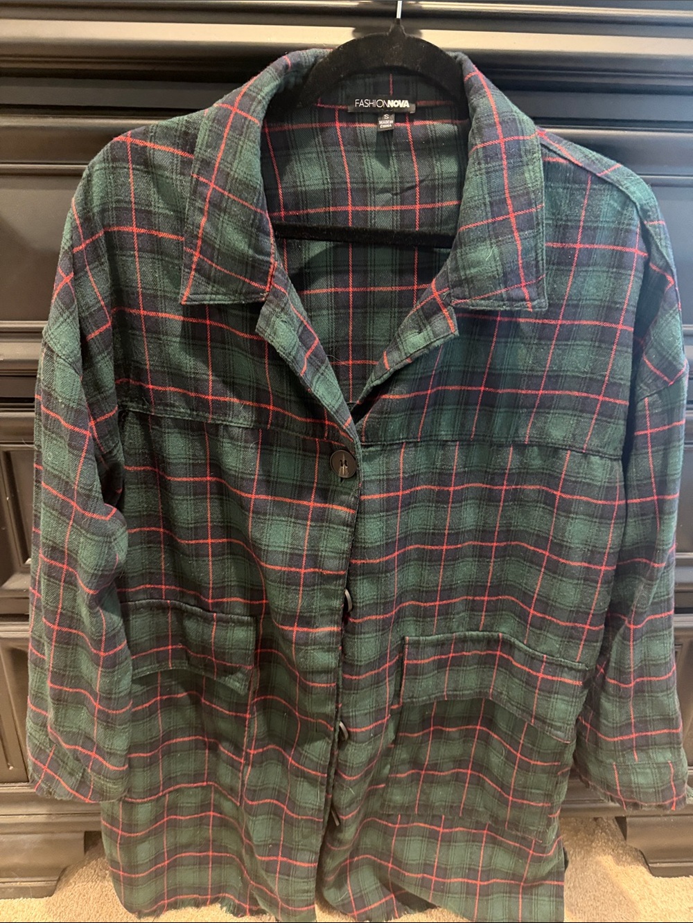 Fashion Nova Dark Green Plaid Jacket with Red Windowpane